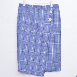 Mango Blue Plaid Asymmetrical Button Wrap Skirt